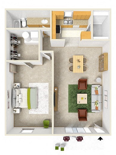 Floor plan for 1 bed, 1 bath, 826 sqft